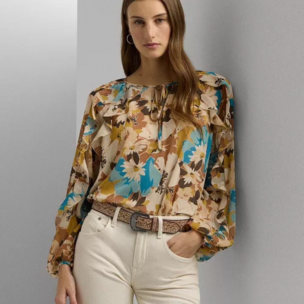 Lauren Ralph Lauren Floral Crinkle Georgette Tie-Neck Blouse Size Large
